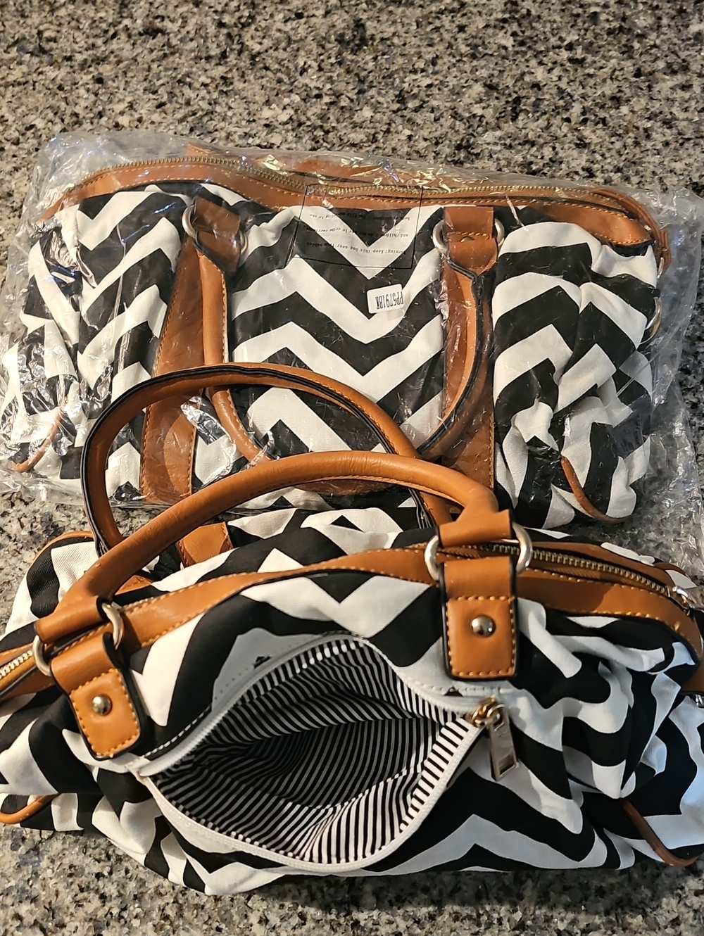 Black & White Chevron Satchel with Tan Trim - Women's Handbags